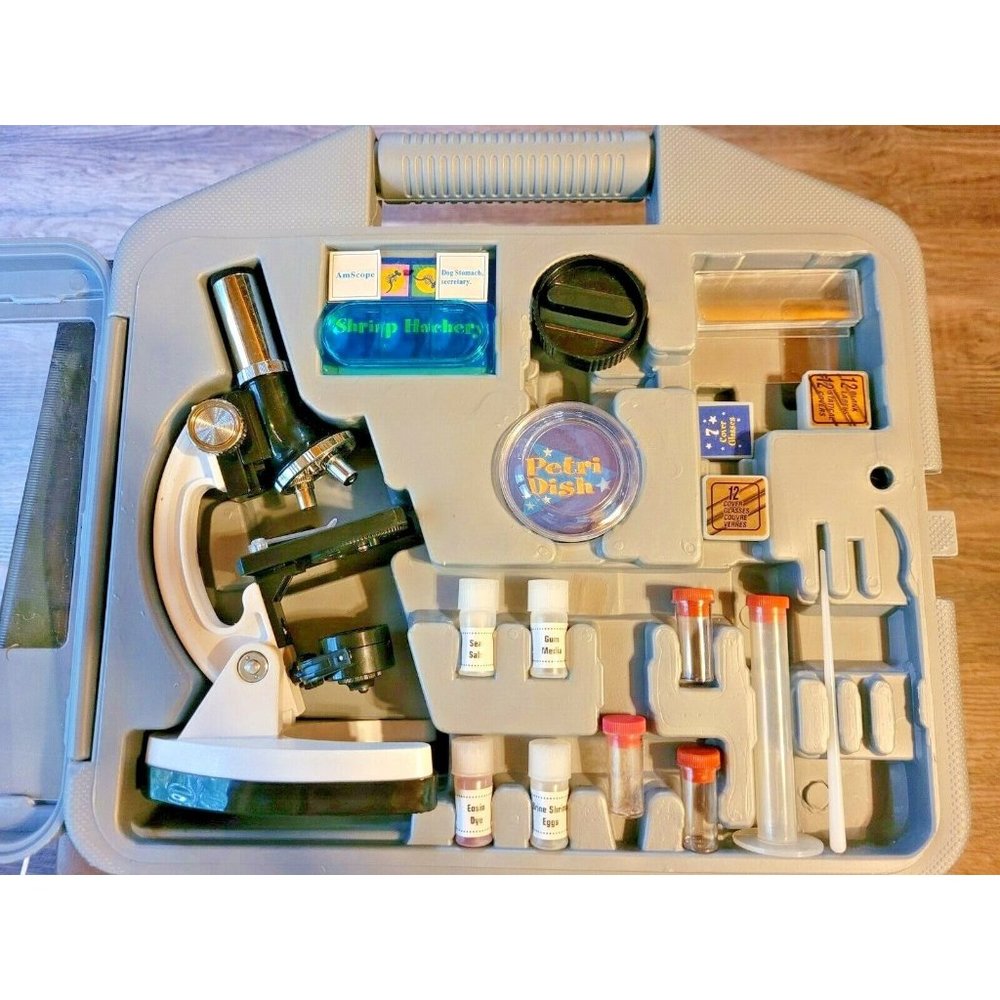 Microscope Set 300X 600X 1200X Science  AmScope 25 Prepared Slides Case